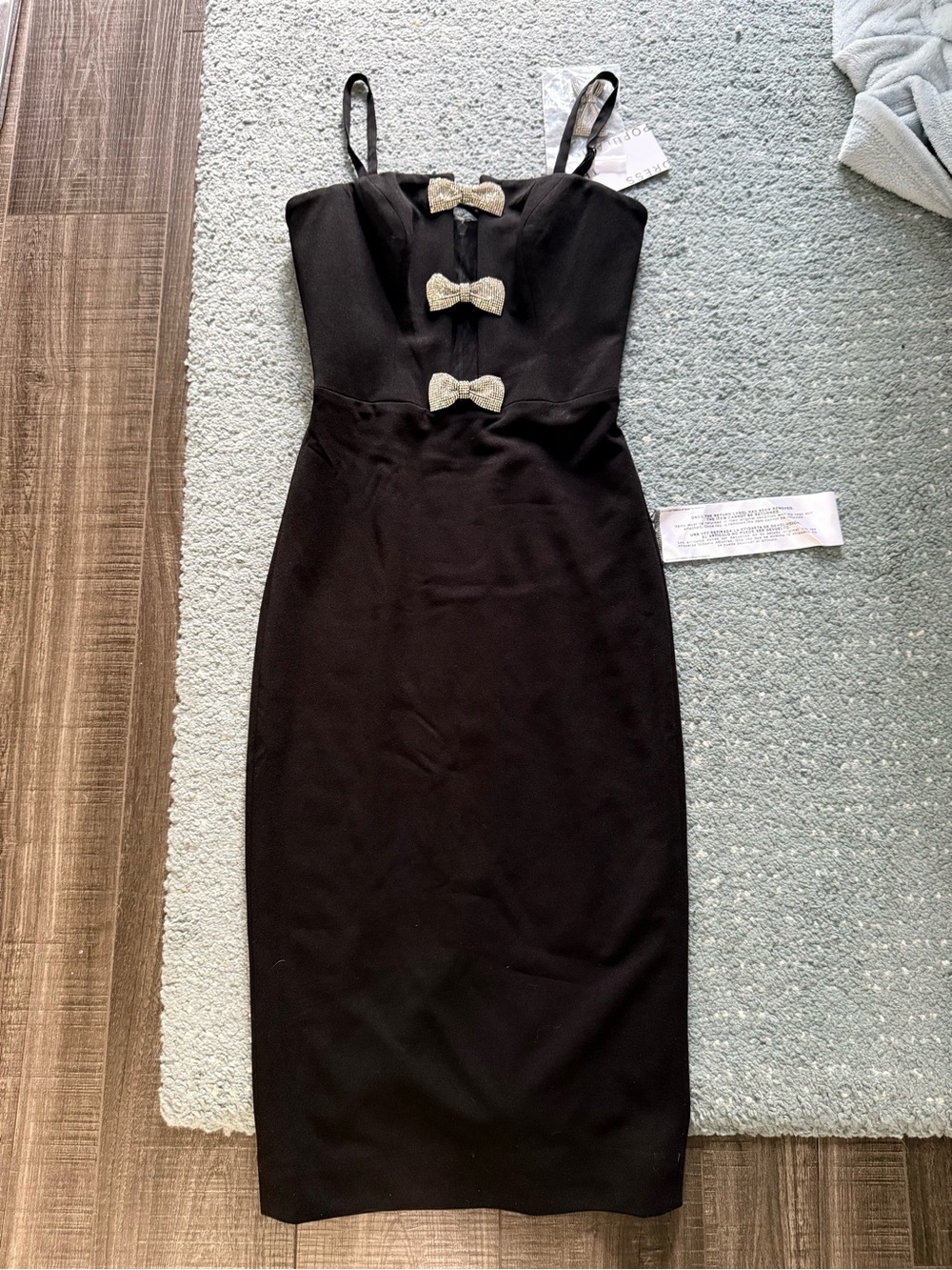 Dress the Population Black Midi Dress with Gold Bow Details